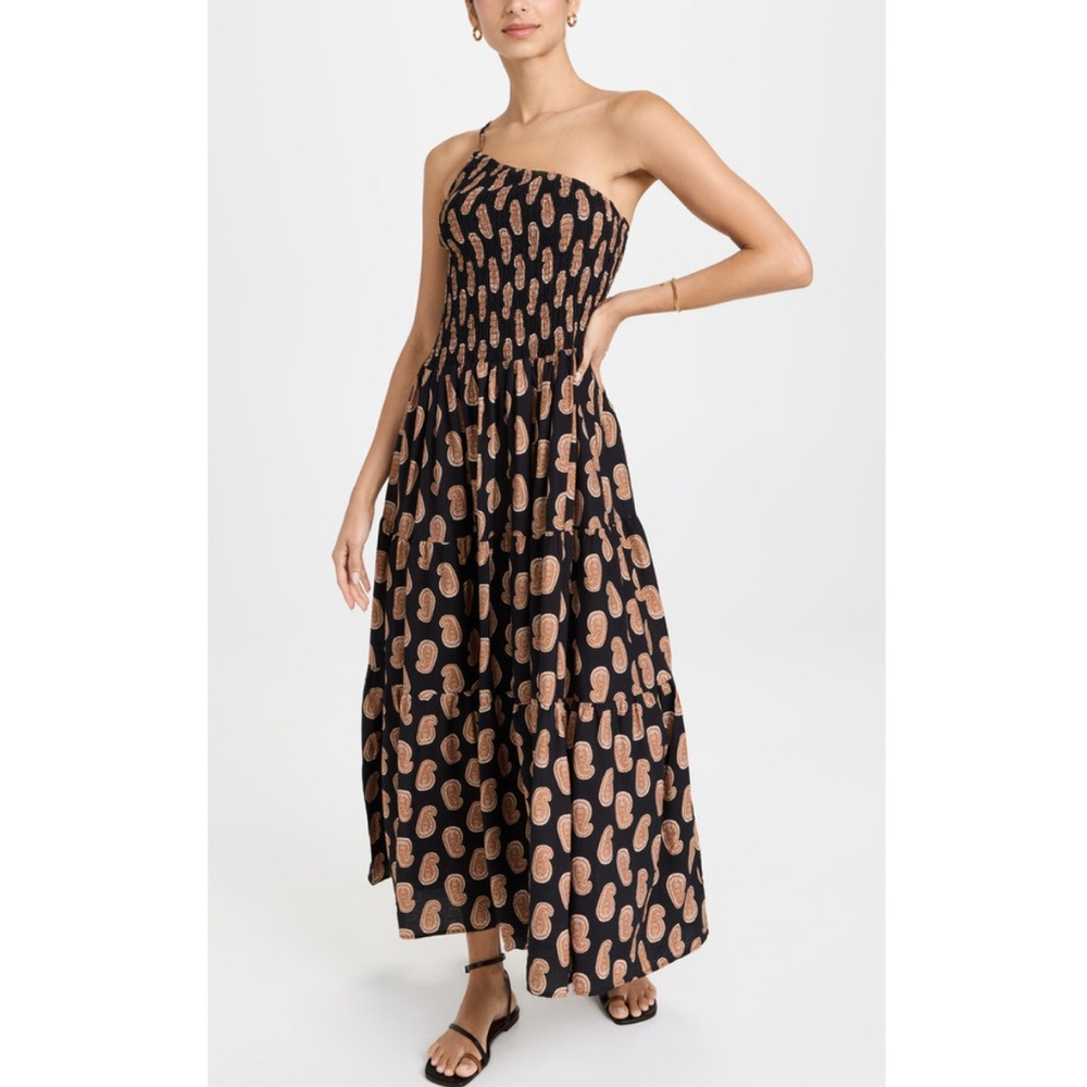 Moon River Black and Tan One-Shoulder Maxi Dress